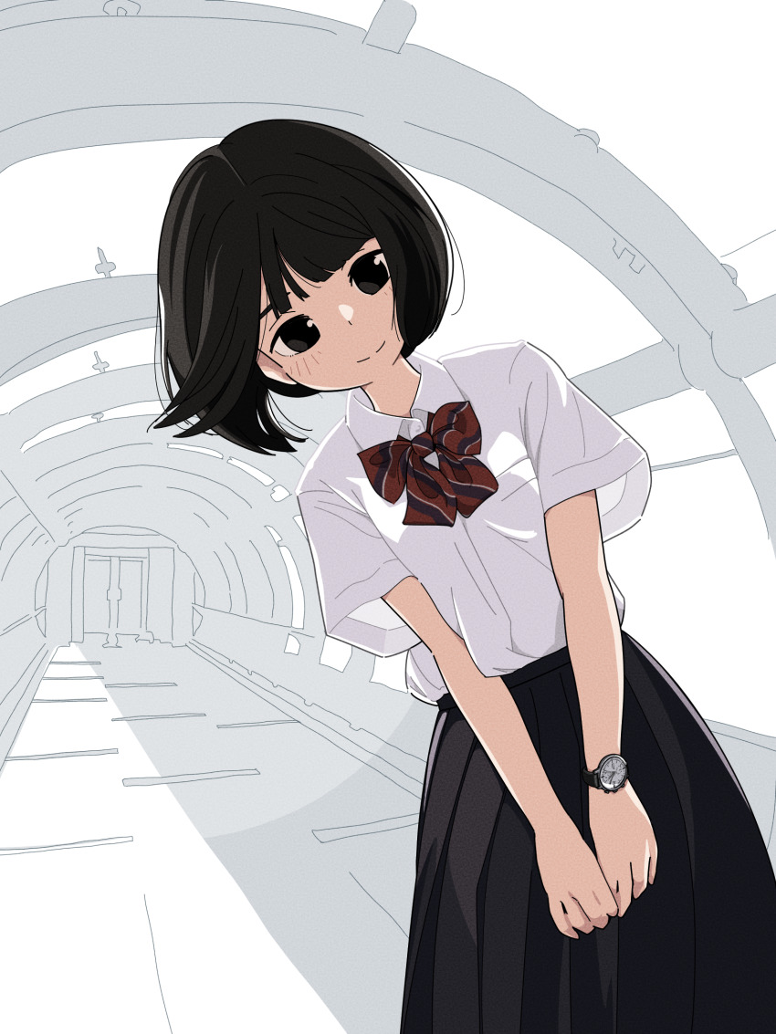 analog_clock, black_eyes, black_skirt, blunt_bangs, bob_cut, bow, bowtie, breasts
