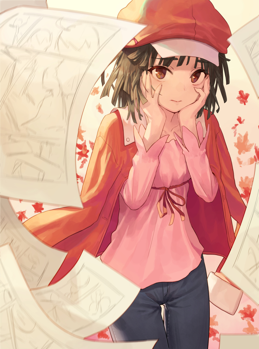 1girl, bag, bakemonogatari, blush, bow, breasts, brown_eyes, brown_hair