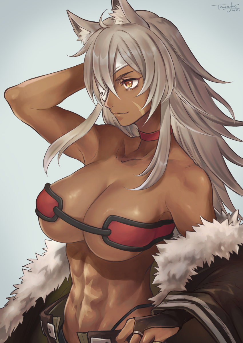 1girl, abs, absurdres, ahoge, animal_ear_fluff, animal_ears, arm_behind_head, arm_up, armpits, bandeau, bare_shoulders, belt, bikini, black_bikini, black_jacket, black_panties, blue_background, breasts, bridal_gauntlets, cat_ears, choker, cleavage, closed_mouth, collarbone, commentary_request, dark-skinned_female, dark_skin, eyepatch, facial_scar, fur-trimmed_jacket, fur_trim, ghislaine_dedoldia, green_pants, groin, hair_between_eyes, highleg, highleg_bikini, highleg_panties, highres, jacket, large_breasts, long_hair, midriff, mismatched_bikini, mushoku_tensei, navel, off_shoulder, one-eyed, open_belt, open_pants, panties, pants, red_bikini, red_choker, red_eyes, scar, scar_on_cheek, scar_on_face, scar_on_stomach, sidelocks, signature, silver_hair, simple_background, smile, solo, standing, strapless, strapless_bikini, swimsuit, tarako_jun, underboob, underwear, upper_body