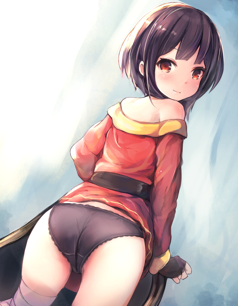1girl, ass, bandaged_leg, bandages, bare_shoulders, belt, black_belt, black_panties, brown_gloves, brown_hair, clothes_lift, commentary, dress, dress_lift, dutch_angle, fingerless_gloves, frilled_panties, frills, from_behind, gloves, kono_subarashii_sekai_ni_shukufuku_wo!, light_blush, light_smile, long_sleeves, looking_at_viewer, looking_back, megumin, off-shoulder_dress, off_shoulder, panties, red_dress, red_eyes, shimada_sarasara, short_hair, short_hair_with_long_locks, solo, thigh_gap, underwear
