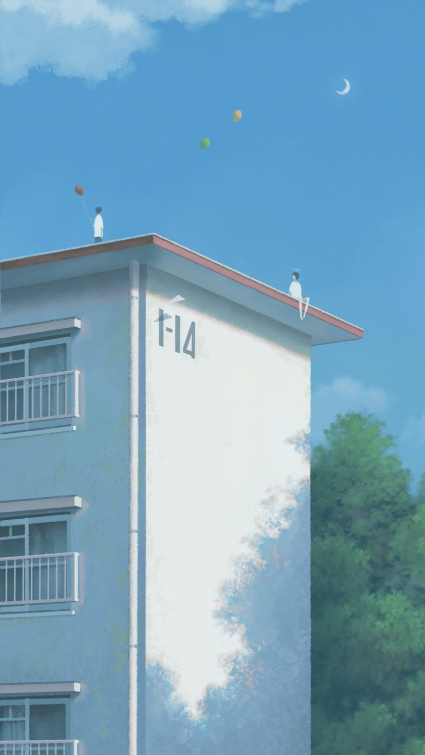 ambiguous_gender, balloon, blue_sky, halo, highres, original, paper_airplane, shadow