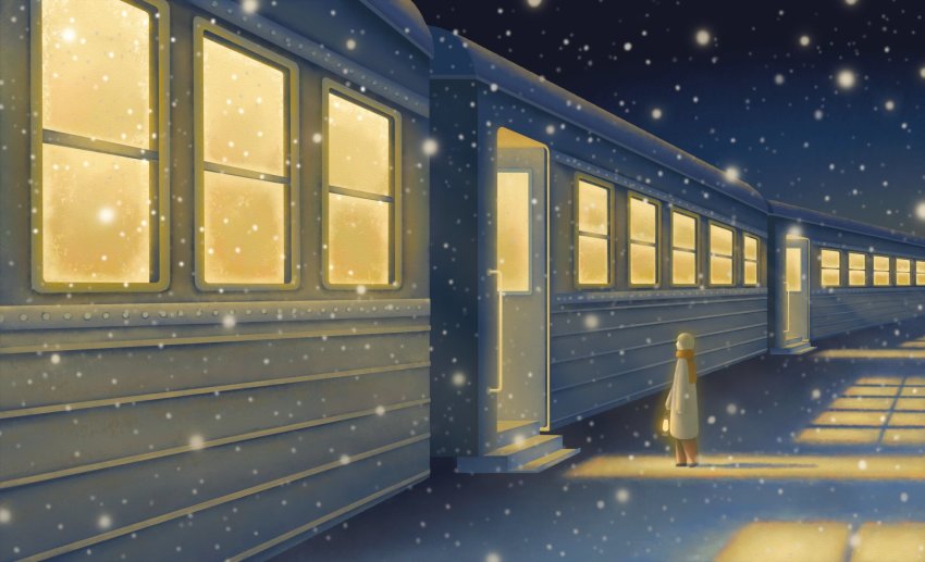 ambiguous_gender, coat, door, grey_coat, highres, lantern, long_sleeves, original, red_scarf, scarf, snow, solo, tounami, train, window