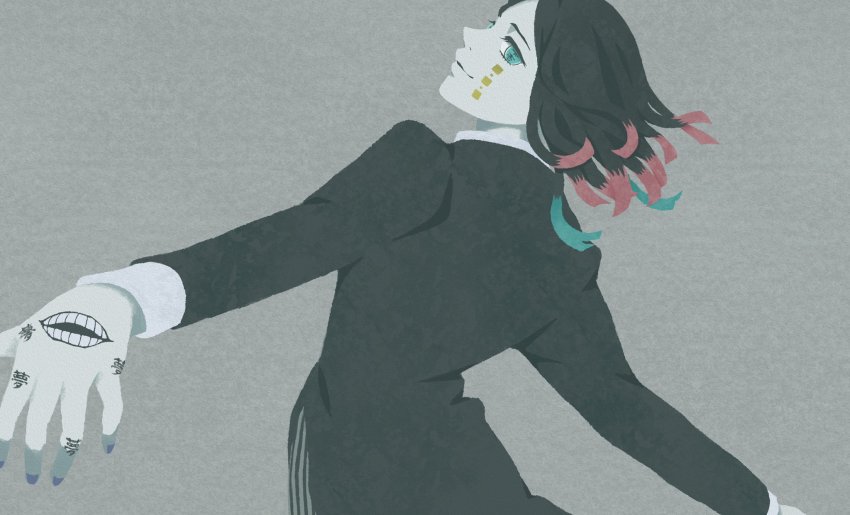 1boy, aqua_eyes, aqua_hair, bad_id, bad_twitter_id, black_hair, enmu_(kimetsu_no_yaiba), extra_mouth, grey_background, highres, kimetsu_no_yaiba, long_hair, long_sleeves, male_focus, nail_polish, pink_hair, profile, purple_nails, shadow, simple_background, solo, symbol-shaped_pupils, tounami, upper_body