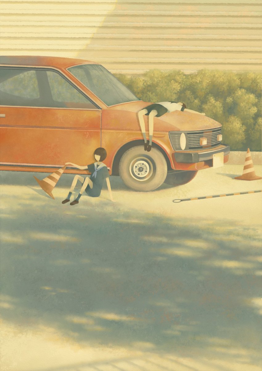 2girls, black_footwear, black_hair, black_legwear, black_shirt, black_shorts, blunt_bangs, car