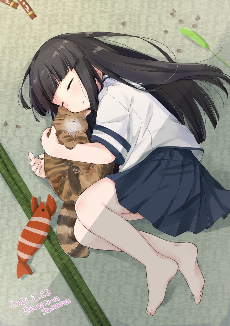 1girl, animal, aoshima_sakana, barefoot, black_hair, blue_skirt, blunt_bangs, cat, cat_teaser, closed_eyes, dated, food, hatsuyuki_(kancolle), hime_cut, kantai_collection, long_hair, lying, on_floor, on_side, pleated_skirt, sailor_collar, school_uniform, serafuku, short_sleeves, skirt, sleeping, stuffed_toy, twitter_username