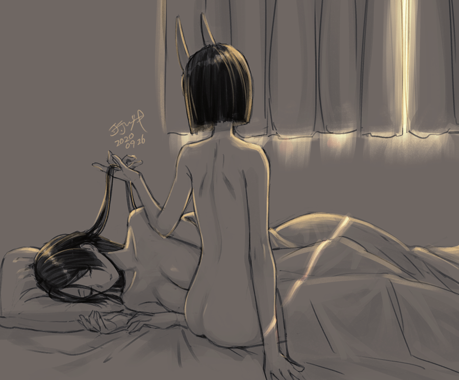 2girls, ass, bed, blanket, breasts, commentary_request, curtains, dated, fate/grand_order, fate_(series), greyscale, horns, large_breasts, light, long_hair, lying, minamoto_no_raikou_(fate), monochrome, morning_after, multiple_girls, nude, on_side, pillow, short_hair, shuten_douji_(fate), signature, skin-covered_horns, sleeping, titiduki_(manman-ya), yuri