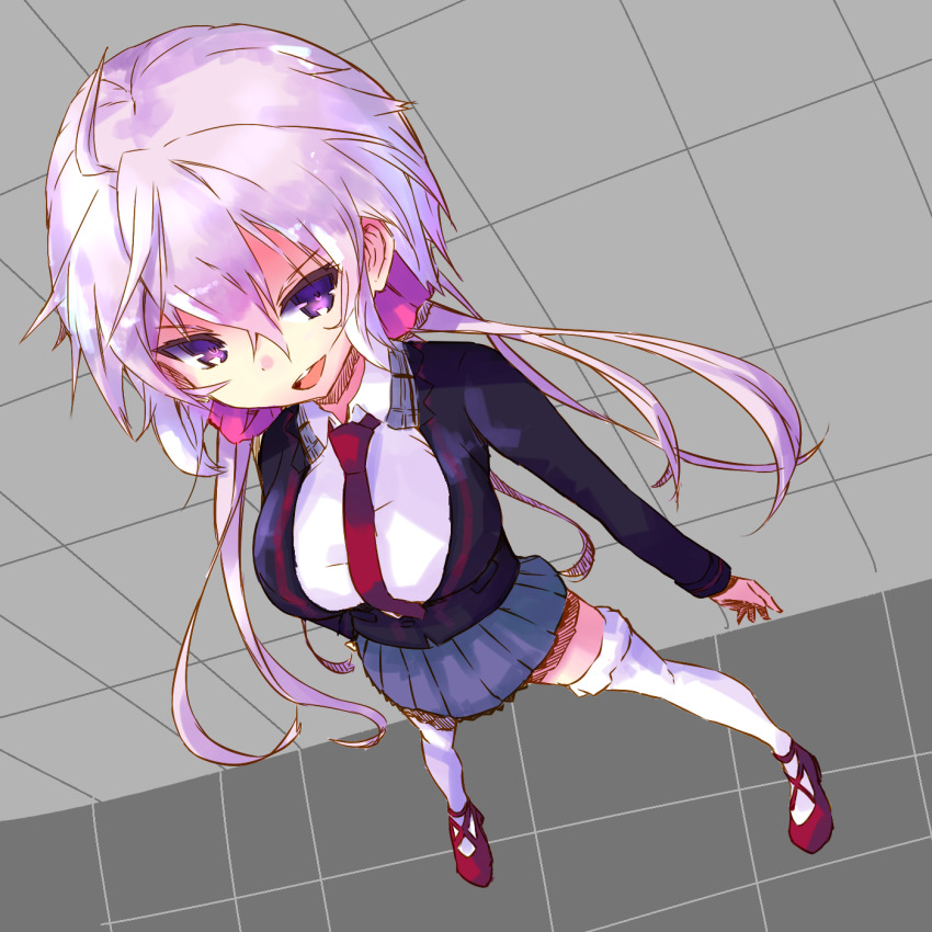 1girl, ahoge, blazer, blue_skirt, collared_shirt, dutch_angle, from_above, hair_between_eyes