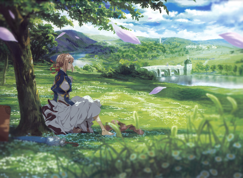 1girl, absurdres, barefoot, blonde_hair, blue_eyes, blue_jacket, blue_sky, braid, bridge, brooch, closed_mouth, cloud, cloudy_sky, commentary_request, day, dress, flower, forest, from_side, grass, hair_between_eyes, hair_intakes, hair_ribbon, highres, huge_filesize, jacket, jewelry, long_hair, long_sleeves, looking_away, mountain, nature, neckerchief, outdoors, petals, puffy_long_sleeves, puffy_sleeves, red_ribbon, ribbon, river, saoirse, scenery, shadow, sidelocks, sitting, sky, solo, suitcase, tree, violet_evergarden, violet_evergarden_(series), water, white_dress, white_neckerchief, wide_shot