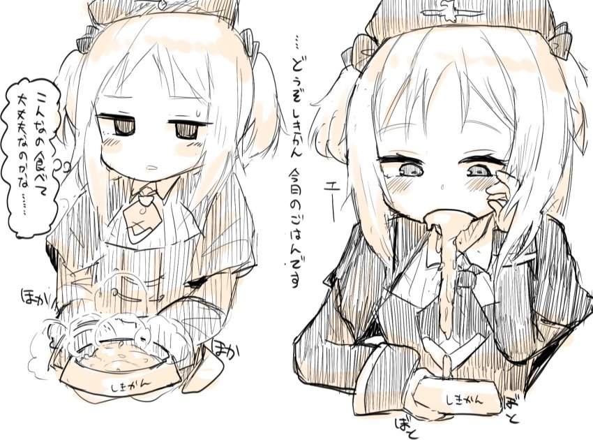 1girl, aged_down, akitaka_takaaki, beret, black_bow, blonde_hair, blush, bow, bowl, capelet, collared_shirt, commentary_request, cropped_torso, german_clothes, girls'_frontline, hair_bow, hand_up, hat, highres, holding, holding_bowl, long_sleeves, looking_at_viewer, military, military_hat, military_uniform, mp40_(girls'_frontline), mp40_(thumbelina)_(girls'_frontline), multiple_views, official_alternate_costume, pet_bowl, shirt, short_hair, short_twintails, sidelocks, simple_background, sketch, speech_bubble, steam, sweatdrop, thought_bubble, translation_request, twintails, upper_body, vomit, vomiting, white_background