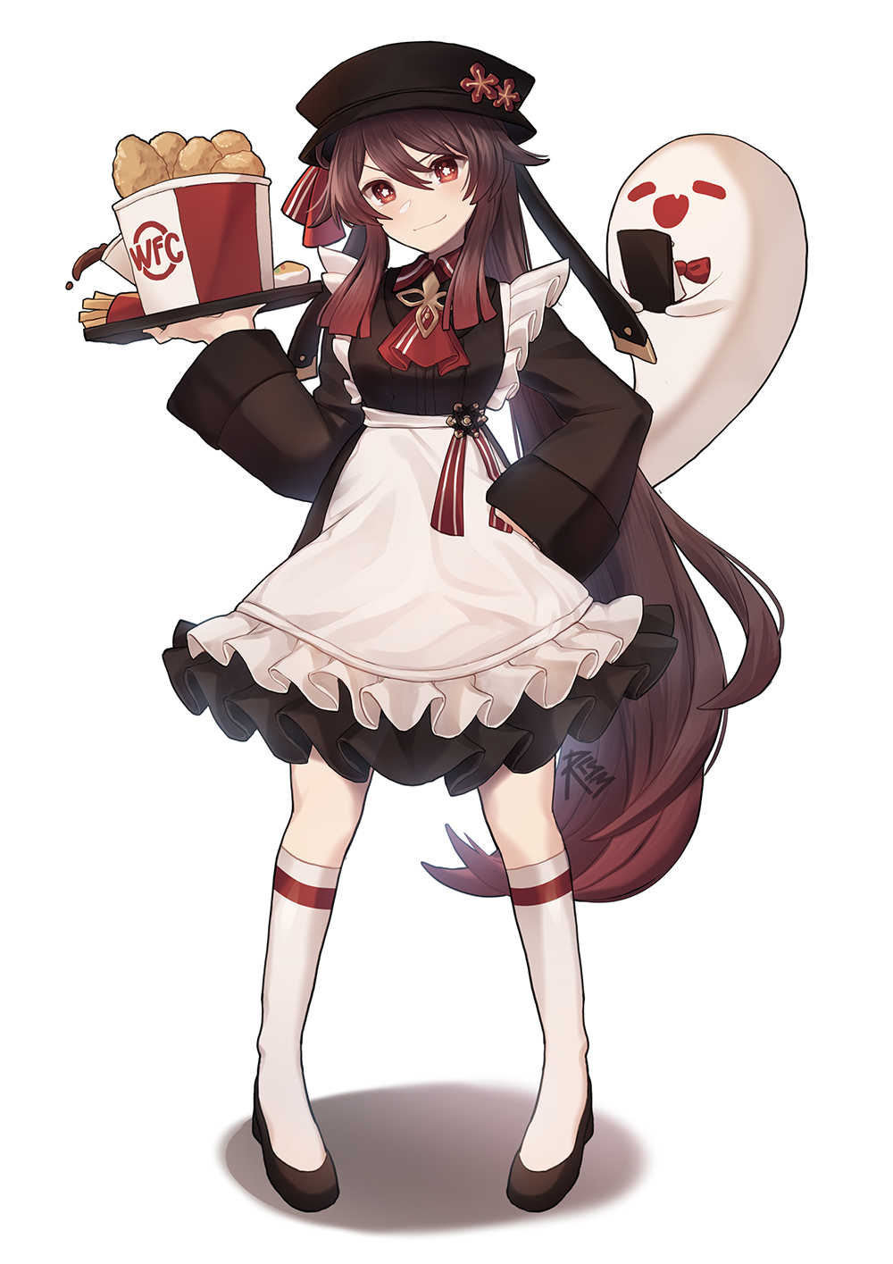 1girl, alternate_costume, apron, bird, brown_hair, chicken, closed_eyes, fang