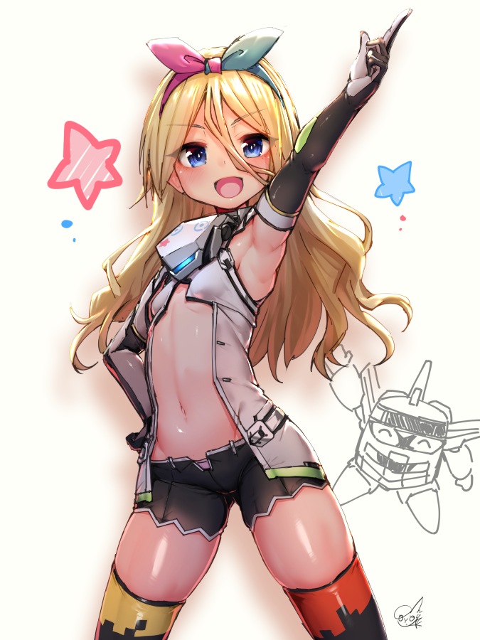1girl, alice_gear_aegis, armpits, black_shorts, blonde_hair, blue_eyes, bow_hairband, breasts, chou_tokkyu_hikarian, commentary_request, cowboy_shot, doyouwantto, elbow_gloves, flat_chest, gloves, hair_between_eyes, hairband, hand_on_own_hip, looking_at_viewer, midriff, miyaminami_hikari, navel, open_mouth, panties, pink_panties, pointing, pointing_up, shorts, signature, smile, star_(symbol), underwear, white_background