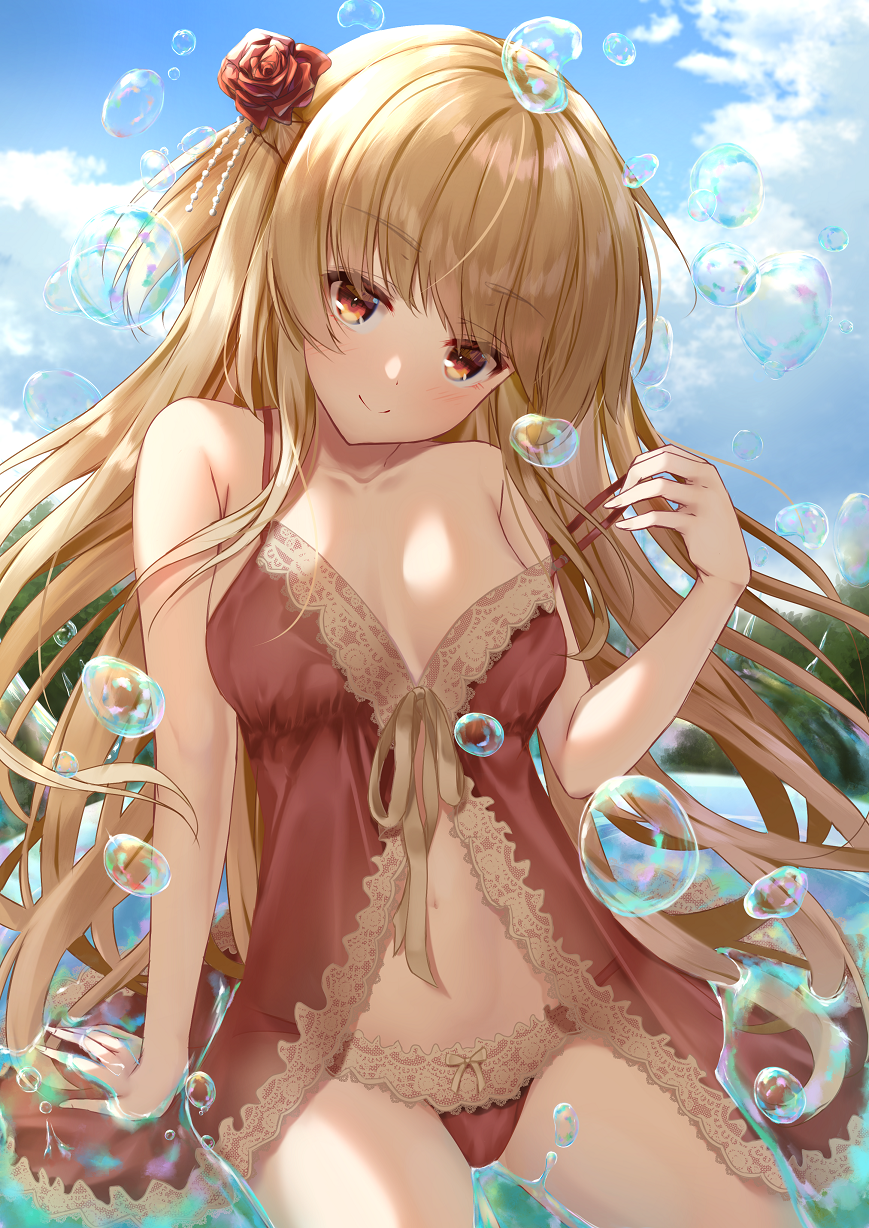 1girl, bare_shoulders, blonde_hair, blue_sky, blush, breasts, brown_eyes, bubble, cloud, cloudy_sky, day, flower, hair_flower, hair_ornament, hair_ribbon, highres, long_hair, looking_at_viewer, male_underwear, male_underwear_pull, medium_breasts, merxkialis, navel, original, outdoors, panties, red_panties, ribbon, sitting_on_water, sky, smile, solo, sunrise, top_of_moe_2021, underwear, underwear_only