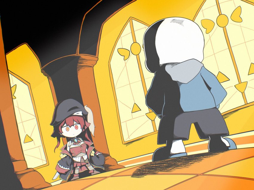 akainu_pony, chibi, coat, covered_navel, crossover, empty_eyes, hat, heterochromia, highres, holding, holding_knife, hololive, hood, hoodie, houshou_marine, knife, off-shoulder_coat, off_shoulder, pillar, pirate_hat, red_eyes, red_hair, sans_(undertale), shadow, skirt, slippers, thighhighs, twintails, undertale, utdr_(toby_fox), virtual_youtuber, yellow_eyes
