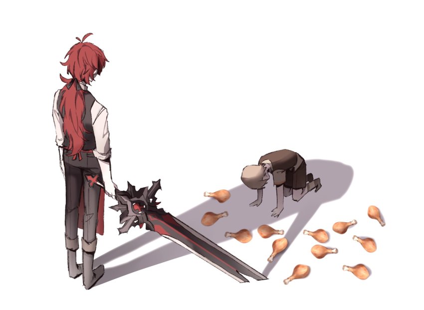 2boys, all_fours, black_vest, chicken_(food), chicken_leg, commentary, diluc_(genshin_impact), diluc_(kfc)_(genshin_impact), dkjr, english_commentary, genshin_impact, greatsword, highres, holding, holding_sword, holding_weapon, long_hair, male_focus, multiple_boys, pants, ponytail, red_hair, shadow, shirt, short_sleeves, simple_background, standing, sword, timmie_(genshin_impact), vest, weapon, white_background, white_shirt