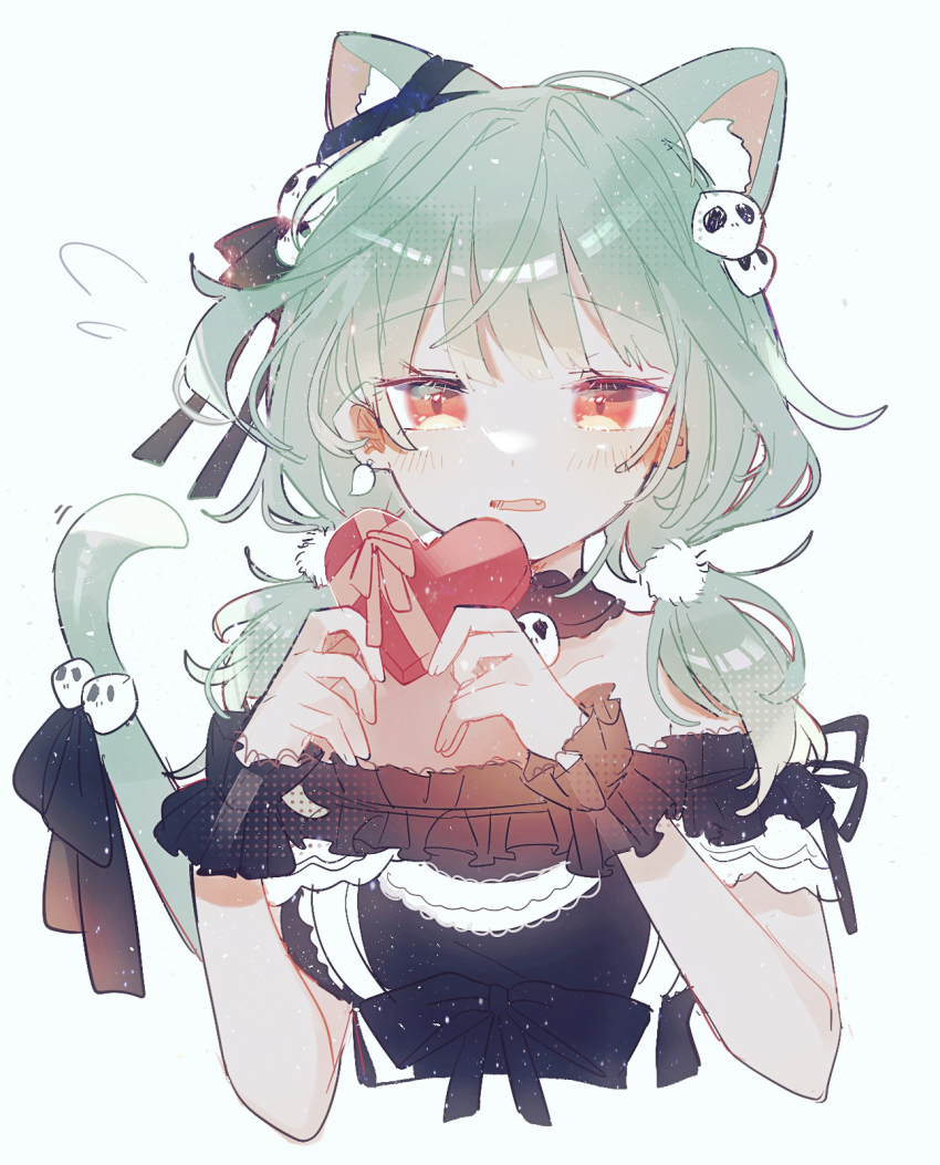 1girl, animal_ear_fluff, animal_ears, black_bow, black_dress, bow, box, cat_ears