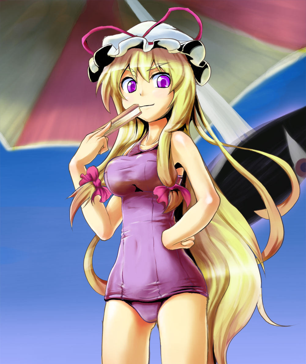 1girl, beach, blonde_hair, breasts, folded_fan, day, hand_fan, female_focus