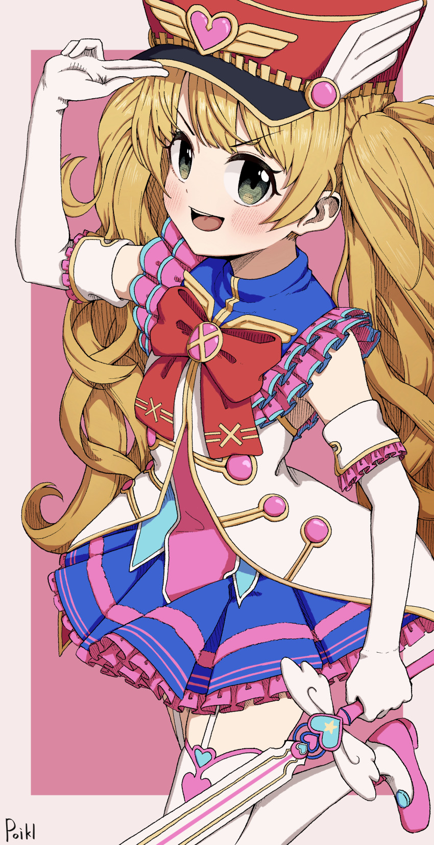 1girl, absurdres, blonde_hair, blue_skirt, blush, bow, breasts, brooch