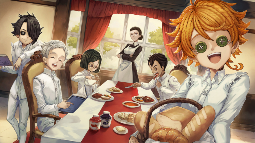 3boys, 3girls, :d, ahoge, apron, arms_under_breasts, arms_up, basket, black_dress, black_eyes, black_hair, book, bread, bread_slice, breasts, brown_eyes, butter, button_eyes, buttons, chair, closed_eyes, commentary_request, coraline, croissant, crossed_arms, cup, curtains, dark-skinned_male, dark_skin, don_(yakusoku_no_neverland), dress, eating, emma_(yakusoku_no_neverland), food, full_body, gilda_(yakusoku_no_neverland), glass, green_eyes, hair_bun, hair_over_one_eye, hair_up, highres, holding, holding_basket, holding_book, holding_cup, identity_v, indoors, isabella_(yakusoku_no_neverland), jam, long_sleeves, looking_at_viewer, medium_breasts, milk, mito_itsuki, mother_and_child, mother_and_son, multiple_boys, multiple_girls, neck_tattoo, norman_(yakusoku_no_neverland), number_tattoo, open_mouth, orange_hair, pants, parent_and_child, pitcher_(container), plate, potato, pouring, ray_(yakusoku_no_neverland), rice, sausage, shirt, short_hair, single_hair_bun, sitting, smile, smirk, soup, steak, stitches, table, tablecloth, tattoo, teeth, toast, tree, upper_teeth_only, white_apron, white_pants, white_shirt, window, yakusoku_no_neverland, yarn
