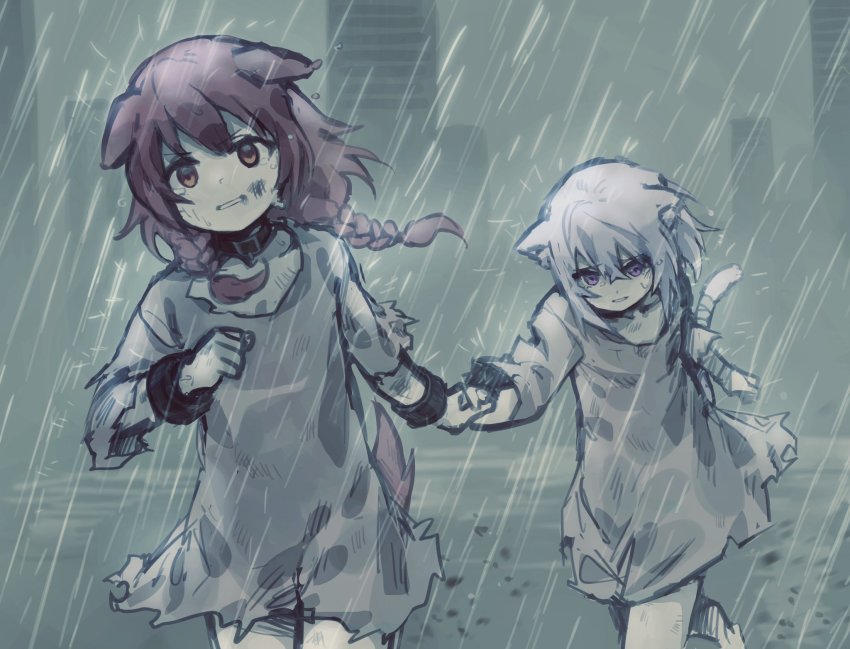2girls, aged_down, animal_ears, brown_eyes, brown_hair, cat_ears, cat_tail, city, crying, cuffs, dirty, dog_ears, dog_tail, dress, fleeing, frown, highres, holding_hands, hololive, hololive_alternative, inugami_korone, jampan0823, long_hair, multiple_girls, nekomata_okayu, outdoors, purple_eyes, purple_hair, rain, running, shackles, tail, virtual_youtuber