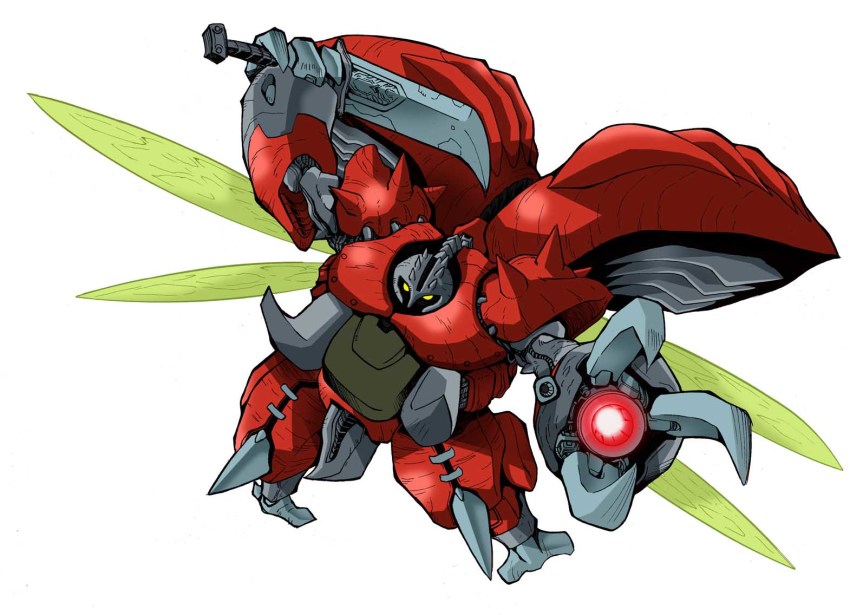 drumlo, full_body, holding, holding_weapon, insect_wings, mecha, robot, seisenshi_dunbine