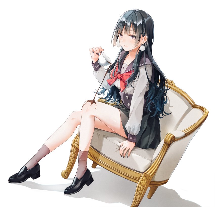 1girl, bare_legs, black_hair, black_nails, black_sailor_collar, black_shoes, black_skirt, blush