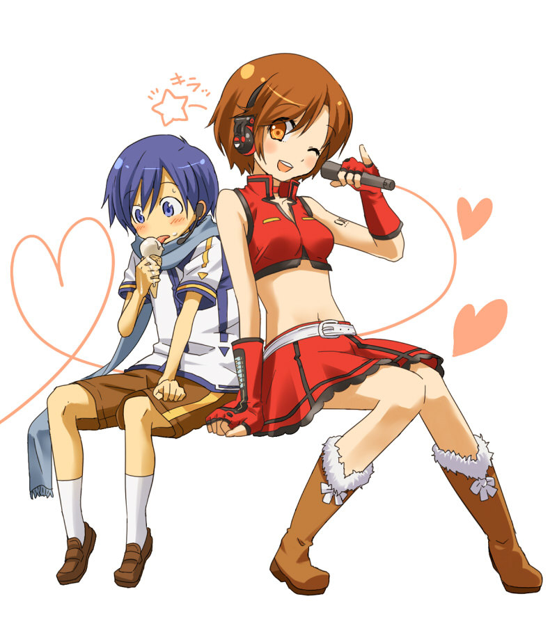 1boy, 1girl, bad_id, bad_pixiv_id, blue_hair, blue_scarf, blush, boots