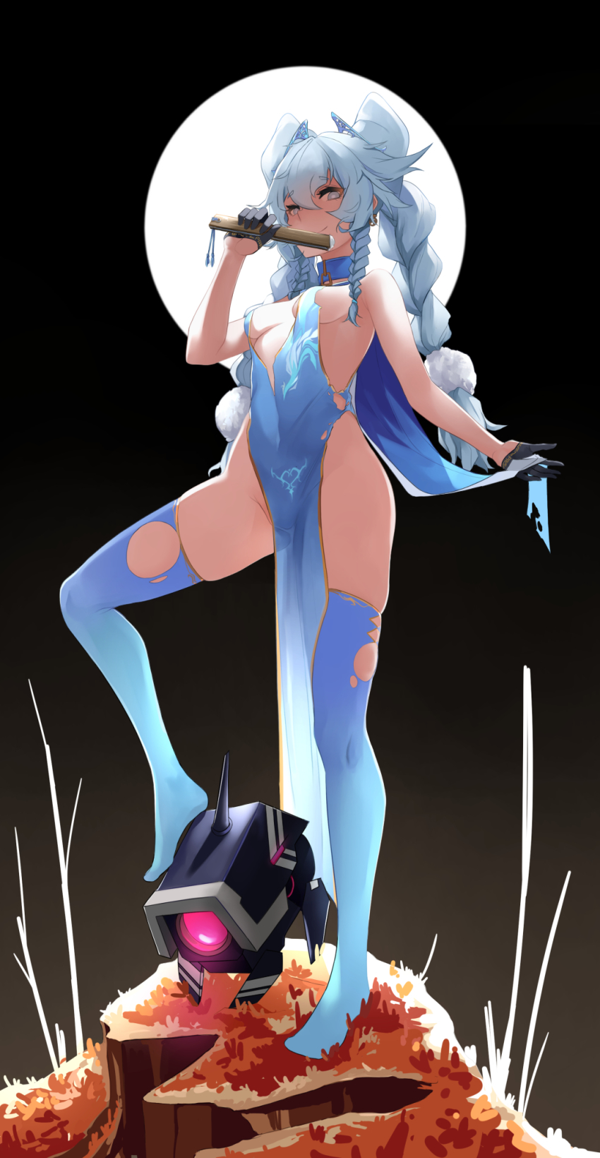 1girl, blue_hair, braid, breasts, china_dress, chinese_clothes, dinergate_(girls'_frontline), dress