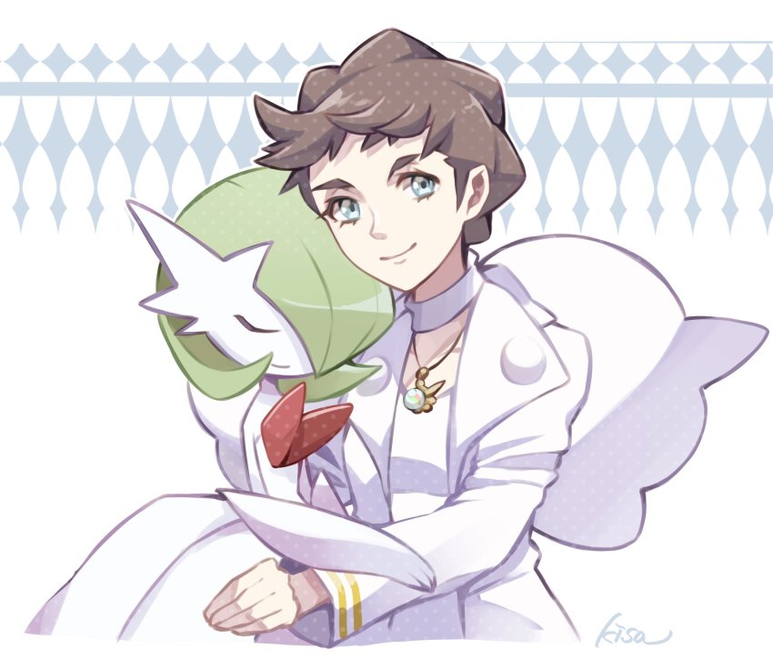 1girl, brown_hair, closed_mouth, coat, commentary_request, diantha_(pokemon), eyelashes, gardevoir