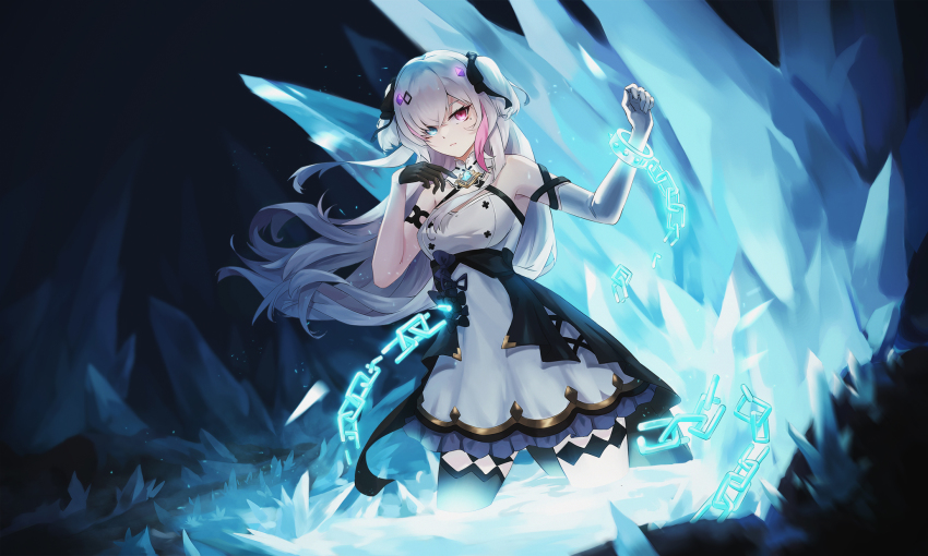 1girl, armband, asymmetrical_gloves, blue_eyes, breaking_shackles, breasts, cuffs, dress, elbow_gloves, gloves, hair_ornament, hair_over_one_eye, hecatia_astarte, heterochromia, highres, ice, ice_crystal, indie_virtual_youtuber, jewelry, long_hair, looking_at_viewer, medium_breasts, mole, mole_under_eye, multicolored_hair, pendant, pink_hair, red_eyes, shackles, solo, streaked_hair, two_side_up, uneven_gloves, virtual_youtuber, white_dress, white_hair, xigao_gao