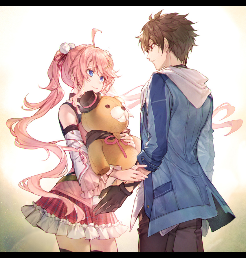 1boy, 1girl, achan_(blue_semi), ahoge, black_gloves, blue_eyes, blue_jacket, brown_eyes