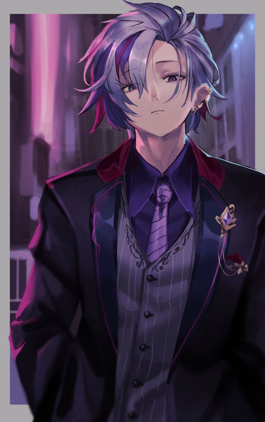 1boy, absurdres, black_jacket, closed_mouth, collared_shirt, diagonal-striped_clothes, diagonal-striped_necktie, diagonal-striped_neckwear, earrings, formal_clothes, fuwa_minato, fuwa_minato_(2nd_costume), genderswap, genderswap_(ftm), gradient_eyes, hair_over_one_eye, hand_in_pocket, highres, jacket, jewelry, lapel_pin, looking_at_viewer, multicolored_eyes, necktie, nijisanji, purple_hair, purple_neckwear, purple_shirt, shirt, short_hair, sooon, striped_clothes, striped_necktie, striped_neckwear, striped_shirt, suit, vertical-striped_clothes, vertical-striped_shirt, vest, virtual_youtuber, waistcoat