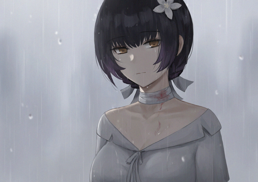 1girl, bandaged_neck, bandages, bare_shoulders, black_hair, blood, breasts, brown_eyes