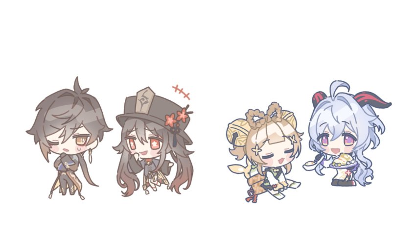 1boy, 3girls, ahoge, bell, black_hair, blush, brown_hair, chibi