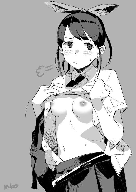 1girl, puff_of_air, blush, breasts, c2_kikan, closed_mouth, clothes_lift, ear_piercing, greyscale, hair_ribbon, lifting_own_clothes, makio_(makiomeigenbot), medium_breasts, monochrome, necktie, piercing, re-ka-chan, ribbon, shirt_lift, short_sleeves, signature, simple_background, skirt, solo, sweat