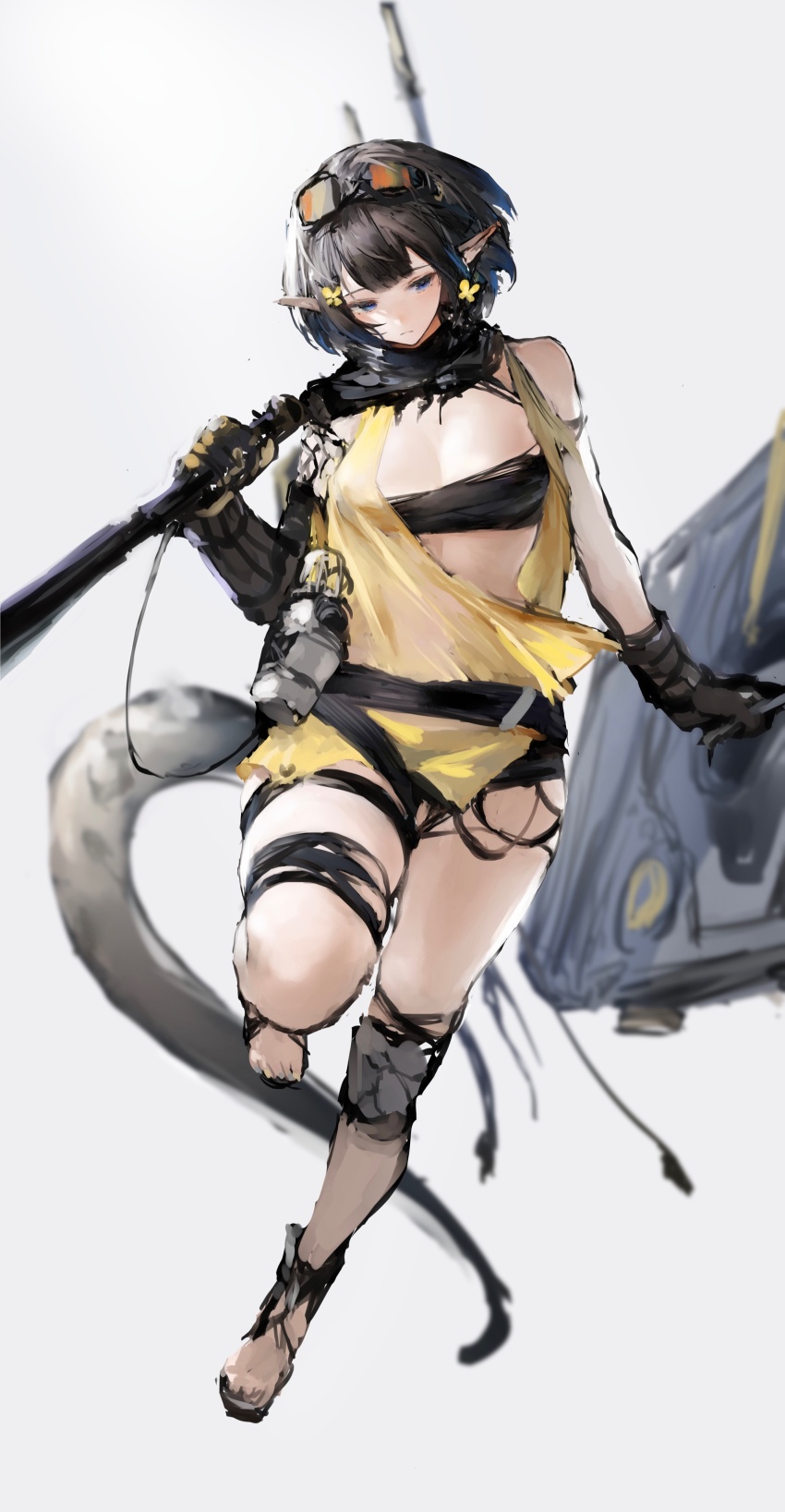 1girl, absurdres, arknights, bandeau, belt, black_hair, blue_eyes, blue_hair