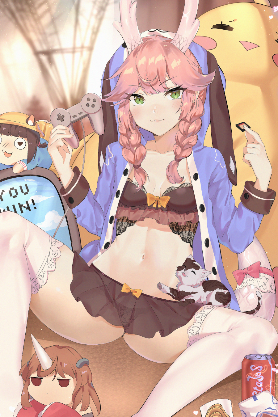 3girls, :3, animal_ears, azur_lane, blurry, bow, skirt_bow, braid