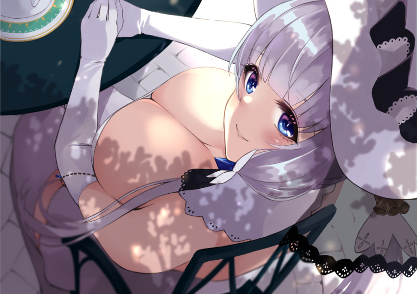 1girl, azur_lane, blue_eyes, blunt_bangs, breasts, chair, cleavage, dappled_sunlight, day, detached_collar, downblouse, dress, elbow_gloves, from_above, gloves, illustrious_(azur_lane), large_breasts, long_hair, looking_at_viewer, looking_up, low_twintails, outdoors, own_hands_together, parted_lips, plate, silver_hair, sitting, smile, solo, strapless, strapless_dress, sunlight, table, thighhighs, twintails, very_long_hair, wee_(weeyy), white_dress, white_gloves, white_headwear, white_thighhighs