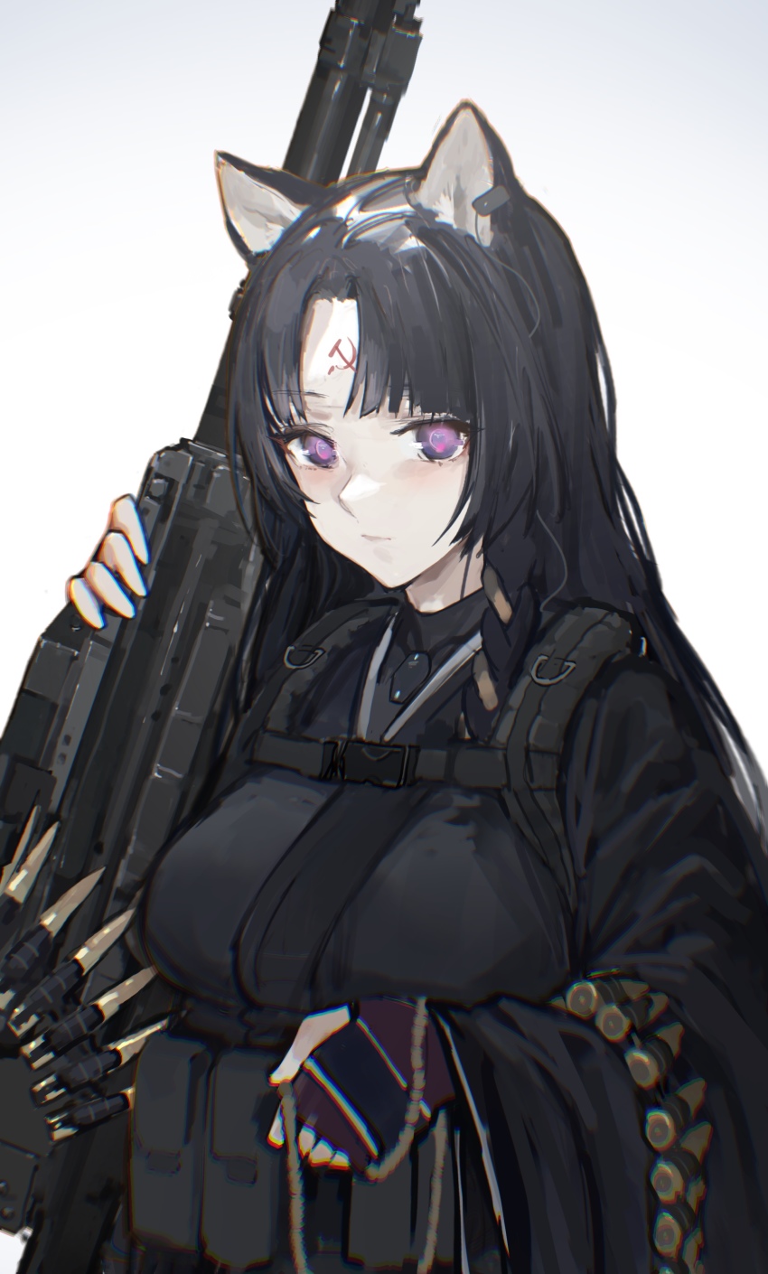 12.7x108mm, 1girl, absurdres, ammunition, ammunition_belt, animal_ears, anti-materiel_cartridge, arknights, bad_id, bad_pixiv_id, black_hair, black_kimono, breasts, bullet, chromatic_aberration, closed_mouth, commentary, dog_ears, dog_girl, facial_mark, fingerless_gloves, forehead_mark, gloves, gun, hammer_and_sickle, heavy_machine_gun, highres, hmg_cartridge, holding, holding_gun, holding_weapon, iuui, japanese_clothes, kimono, kord_6p50, kord_macine_gun, long_hair, long_sleeves, looking_at_viewer, machine_gun, magnum_cartridge, medium_breasts, military_cartridge, parted_bangs, pouch, purple_eyes, purple_gloves, rifle_cartridge, saga_(arknights), simple_background, solo, supersonic_ammunition, untranslatable_commentary, upper_body, weapon, white_background, wide_sleeves