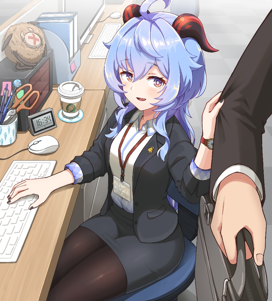 1boy, 1girl, :d, ahoge, alternate_costume, black_pantyhose, blazer, blue_hair