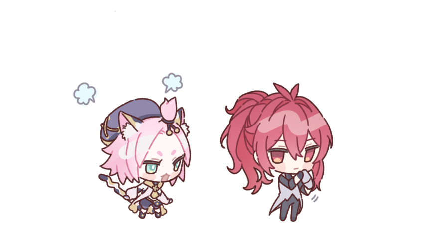 1boy, 1girl, animal_ear_fluff, animal_ears, annoyed, bartender, cat_ears, chibi