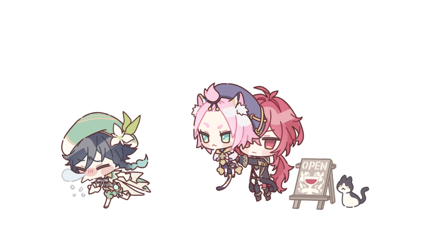 1girl, 2boys, animal_ear_fluff, animal_ears, blue_hair, blush_stickers, braid, carrying, cat, cat_ears, cat_tail, coat, diluc_(genshin_impact), diona_(genshin_impact), genshin_impact, green_eyes, hair_ornament, half-closed_eyes, hat, highres, honeymilk0252, low_ponytail, multiple_boys, nose_bubble, pants, pink_hair, ponytail, red_eyes, red_hair, sign, sneezing, tail, trench_coat, twin_braids, venti_(genshin_impact)