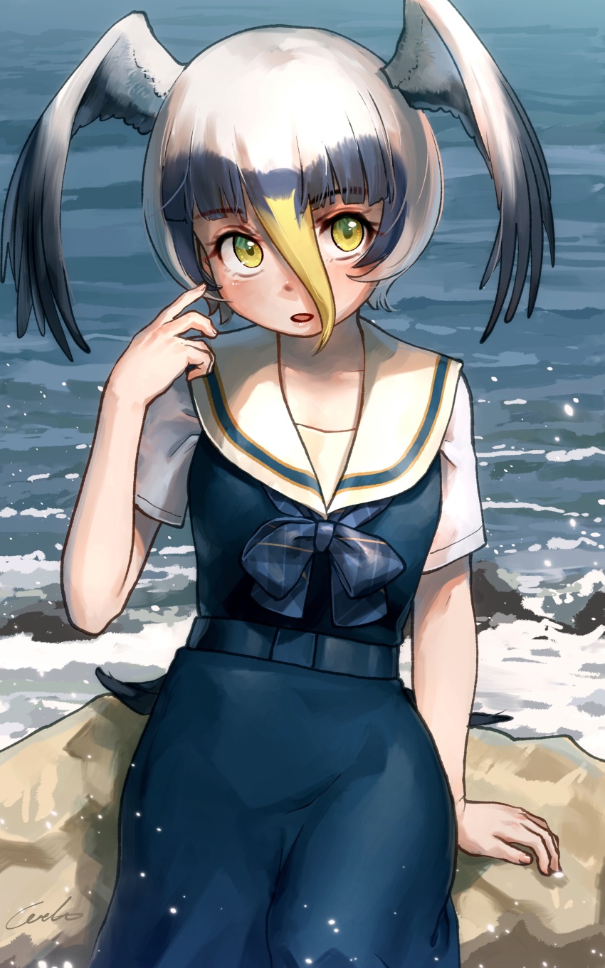 1girl, absurdres, bird_girl, bird_wings, blonde_hair, blue_bow, blue_bowtie, blue_dress, blue_hair, bow, bowtie, commentary_request, dress, green_eyes, hair_between_eyes, head_wings, highres, kemono_friends, kemono_friends_3, masked_booby_(kemono_friends), multicolored_hair, ocean, official_alternate_costume, plaid_bow, plaid_bowtie, plaid_clothes, plaid_neckwear, rock, sailor_collar, sailor_dress, school_uniform, short_hair, short_sleeves, solo, welt_(kinsei_koutenkyoku), white_hair, white_sleeves, wings