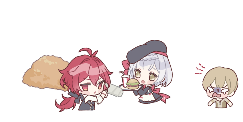 1boy, 1girl, apron, blonde_hair, blush_stickers, bow, braid, burger