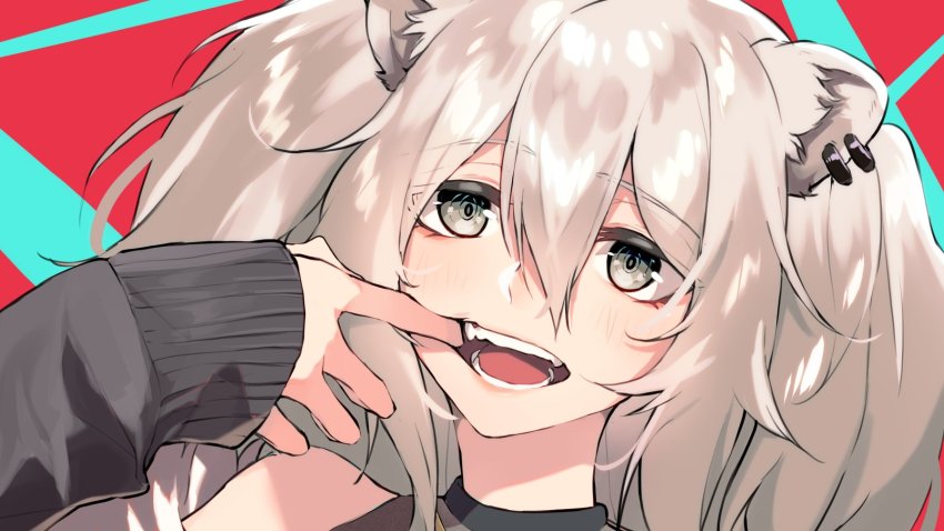 1girl, animal_ear_fluff, animal_ears, black_jacket, commentary, ear_piercing, english_commentary, fangs