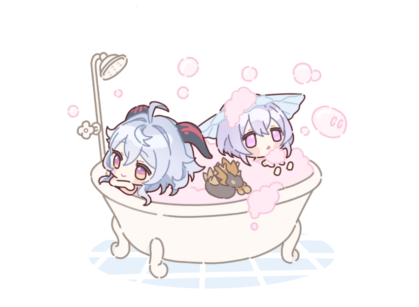 2girls, bath, bathtub, blue_hair, blush_stickers, bubble, chibi, ganyu_(genshin_impact)