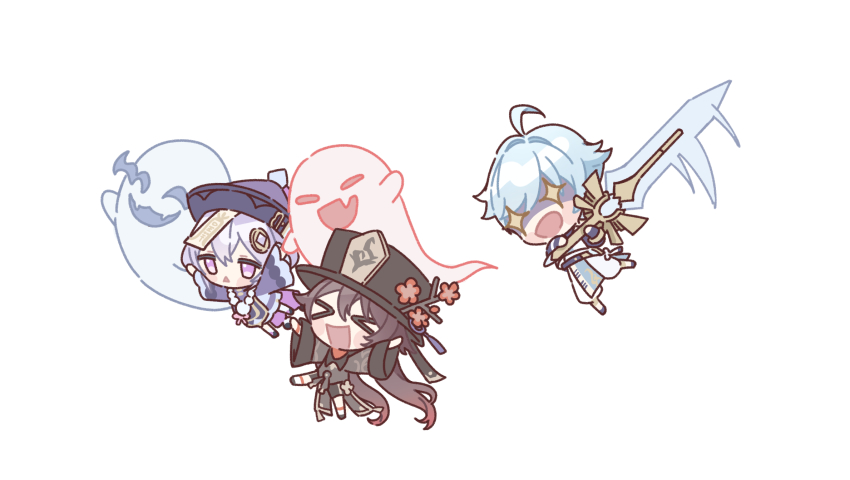 >_<, 1boy, 2girls, ahoge, bead_necklace, beads, blue_hair, blush_stickers