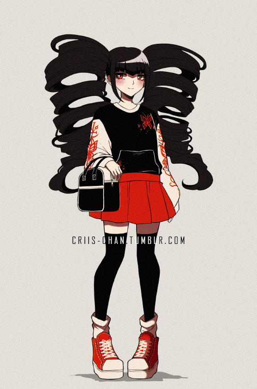 1girl, alternate_costume, bag, black_bag, black_hair, black_hoodie, black_thighhighs, blush