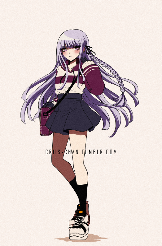 1girl, alternate_costume, bag, black_socks, blunt_bangs, blush, braid, casual