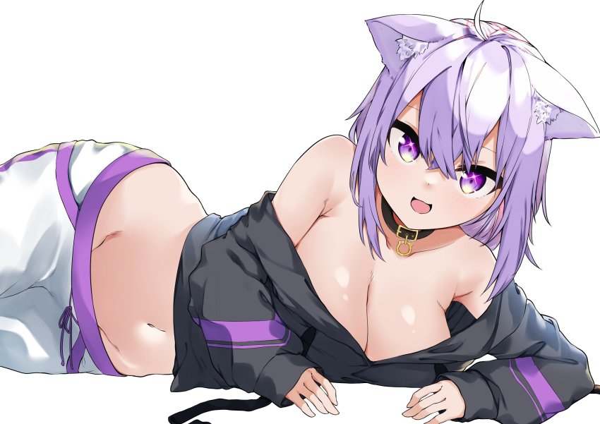 1girl, animal_ear_fluff, animal_ears, black_hoodie, breasts, cat_ears, cat_girl, cat_tail, cleavage, collar, eyebrows_hidden_by_hair, highres, hololive, hood, hoodie, large_breasts, lying, navel, nekomata_okayu, nekomata_okayu_(1st_costume), no_bra, off_shoulder, on_side, purple_eyes, purple_hair, shinwota, short_hair, solo, tail, virtual_youtuber, white_background, wide_hips