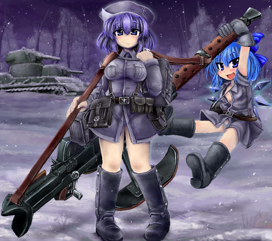 2girls, anti-materiel_rifle, blue_eyes, blue_hair, boots, bow, caterpillar_tracks, censored, circled_9, cirno, convenient_censoring, gloves, gun, hair_bow, hat, lahti_l-39, letty_whiterock, military, military_vehicle, motor_vehicle, multiple_girls, no_pants, okiraku_nikku, open_clothes, open_shirt, purple_hair, rifle, shirt, short_hair, sniper_rifle, tank, touhou, vehicle, weapon, wings